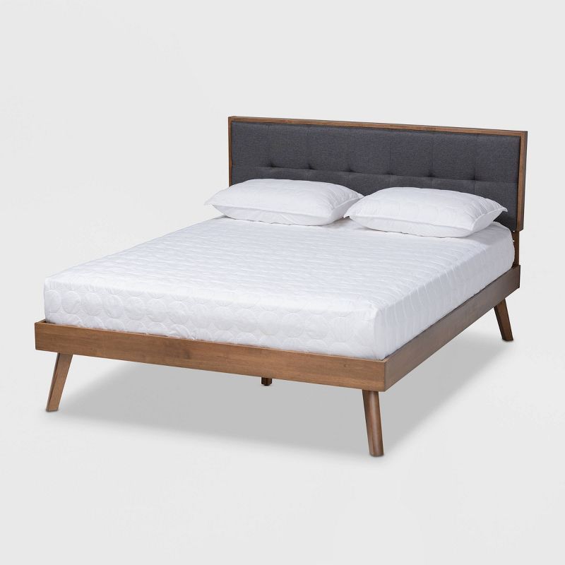 Queen Walnut Wood Platform Bed with Gray Tufted Upholstered Headboard