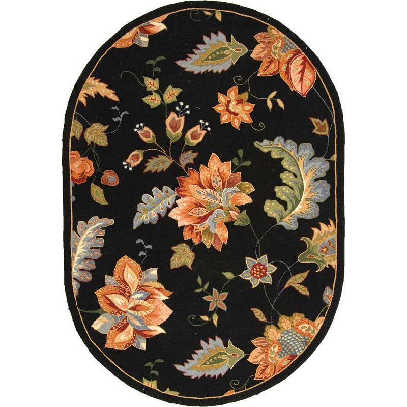 Black Floral Hand-Knotted Wool Oval Area Rug