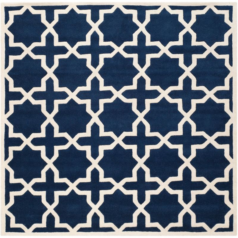 Hand-Tufted Dark Blue and Ivory Wool Geometric Rug, 5' x 5'