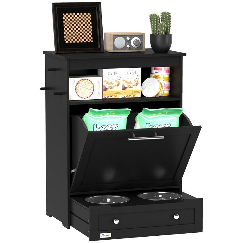 Black Elevated Pet Feeder Station with Storage Cabinet