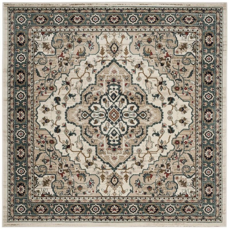 Cream and Beige 7' Square Traditional Floral Area Rug