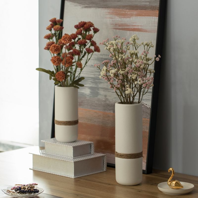 Tiny White Ceramic Cylinder Table Vase Set with Twisted Cord Trim