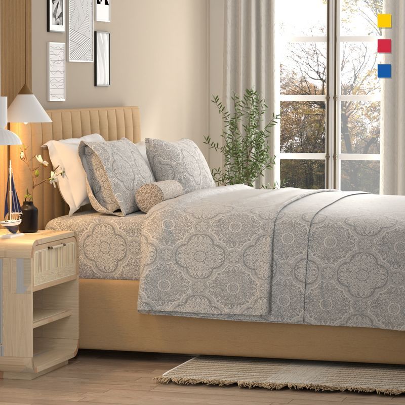 Gray Textured Medallion Cotton Percale Queen Sheet Set