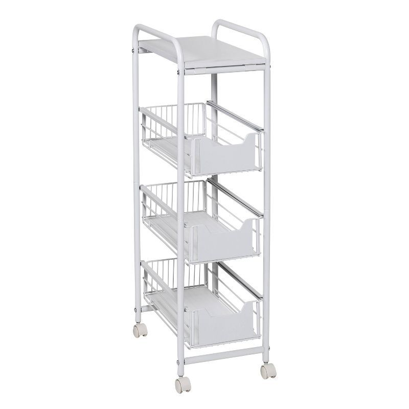 Slim White 4-Tier Rolling Cart with Pull-Out Baskets