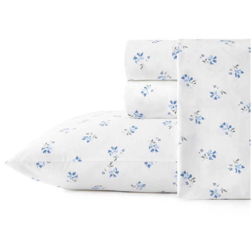 King Blue Floral Cotton Percale Deep Pocket Sheet Set