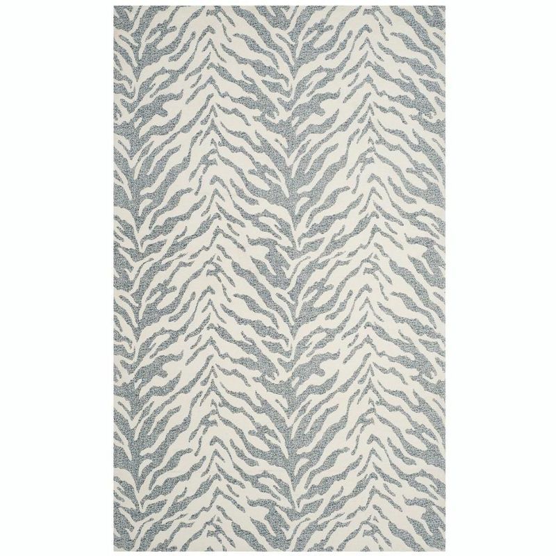 Blue and Ivory Rectangular Wool Chenille Rug, 5' x 8'