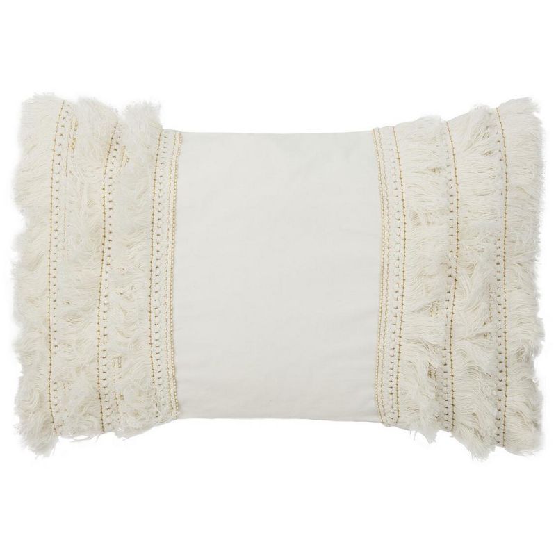 Cream Frayed Bohemian Lumbar Decorative Pillow 12" x 20"