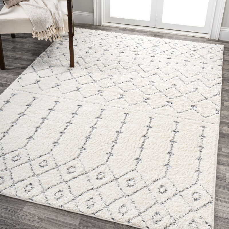 Cream and Gray Moroccan Trellis Shag Area Rug