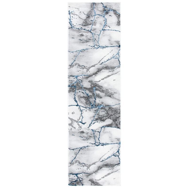 Ivory and Blue Abstract Marble Runner Rug 2'3" x 6'