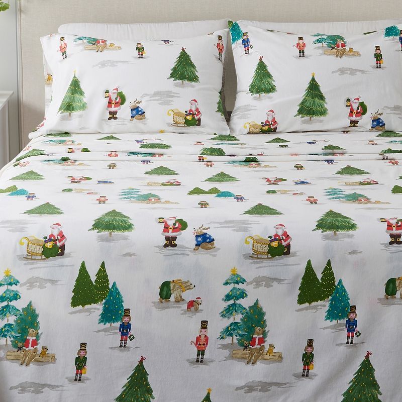 Full Size Watercolor Santa & Friends Cotton Flannel Sheet Set