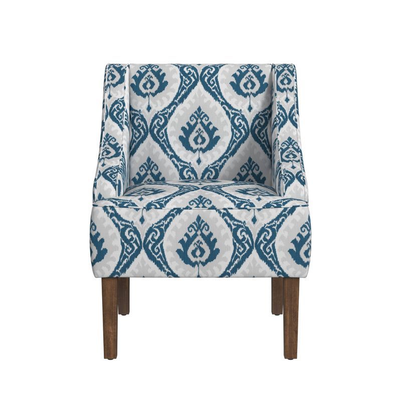 Blue Ikat Medallion Print Swoop Arm Accent Chair with Wood Legs