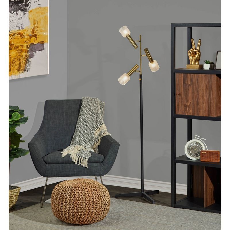 Adjustable Black and Brass Tripod Floor Lamp with Glass Shades