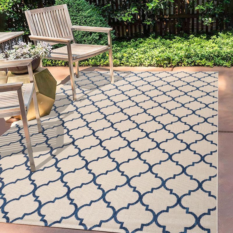 Beige and Navy Synthetic Trellis 4' x 6' Reversible Rug