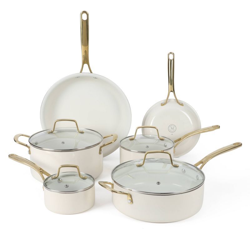 Martha Stewart 10pc Lockton Premium Nonstick Ceramic Enamel Aluminum Set Linen White