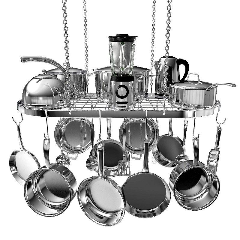 Vdomus Silver 33" x 17" Hanging Pot and Pan Ceiling Rack with 15 Hooks