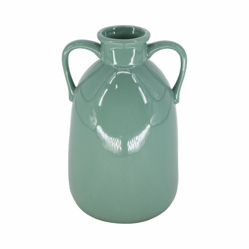 Dark Sage Ceramic Vase with Dual Handles, 10"