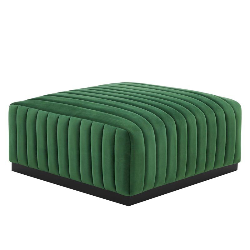 Emerald Green Velvet Tufted Ottoman with Matte Black Base