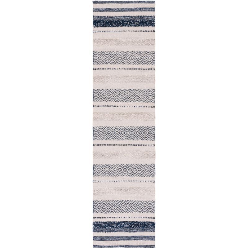 Ivory and Navy Striped Kilim Flat Woven Wool Rug