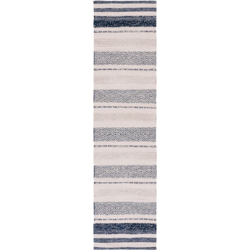 Ivory and Navy Striped Kilim Flat Woven Wool Rug