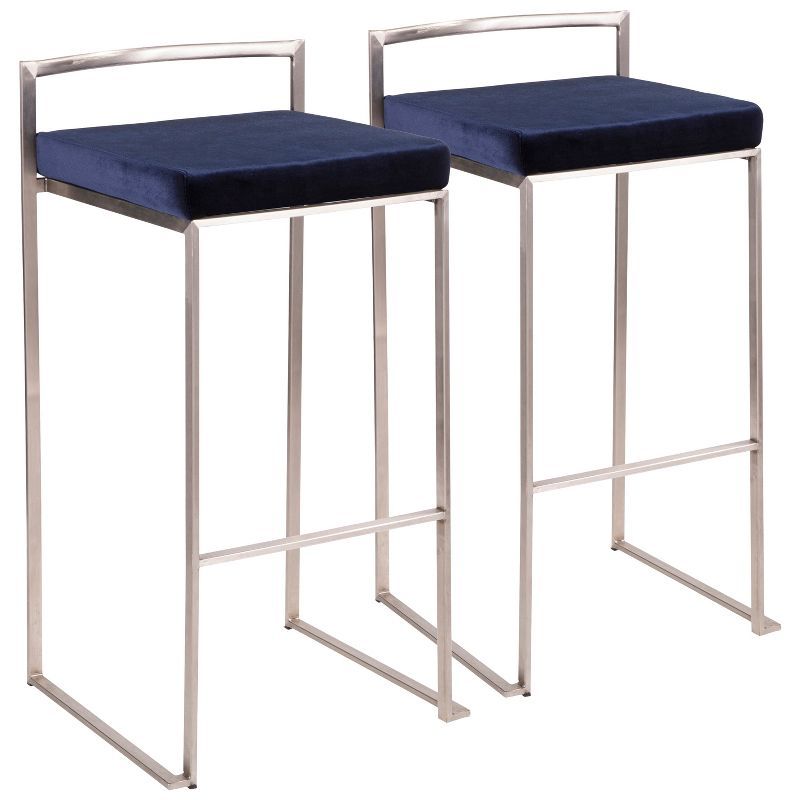 34" Blue Leather and Metal Contemporary Bar Stools, Set of 2