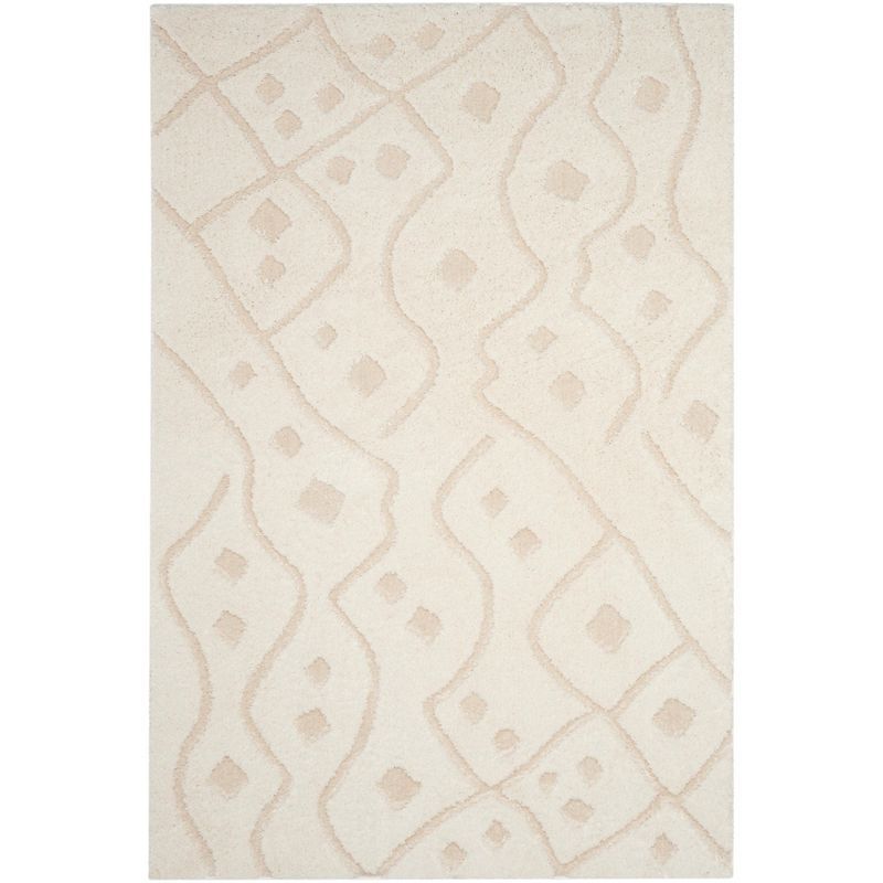 Ivory Geometric Hand-Knotted Shag Runner Rug