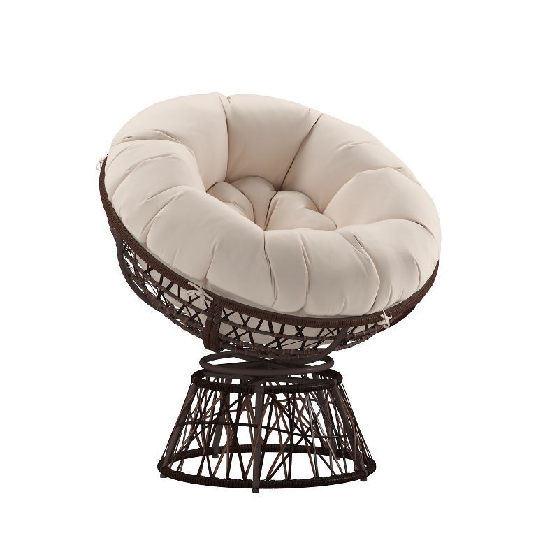 360° Swivel Patio Chair with Beige Cushion and Brown Metal Frame