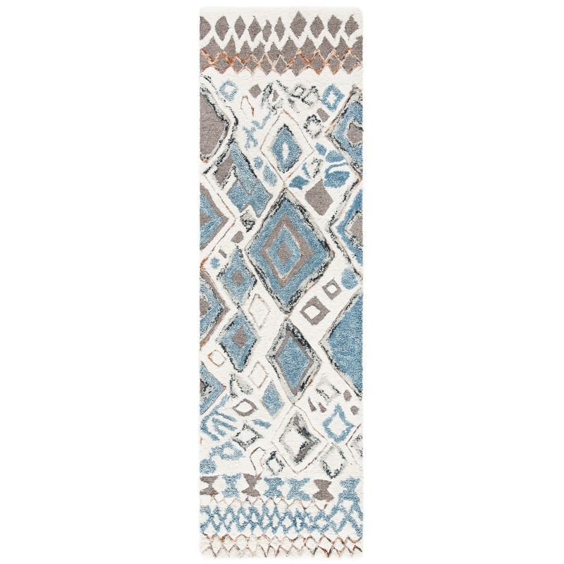 Beige and Navy Hand-Tufted Wool Moroccan Shag Runner Rug