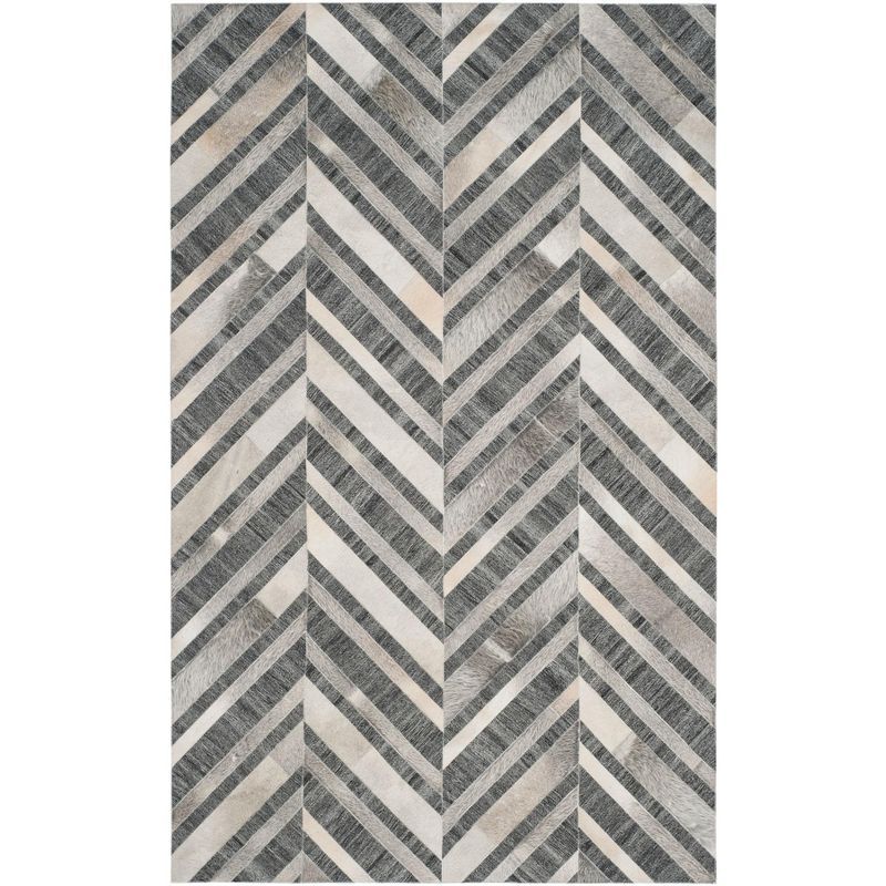 Ivory and Dark Grey Hand-Knotted Geometric Cowhide Rug