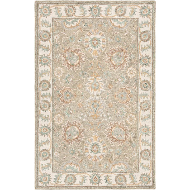 Ivory and Sage Floral Tufted Wool Area Rug 5' x 8'