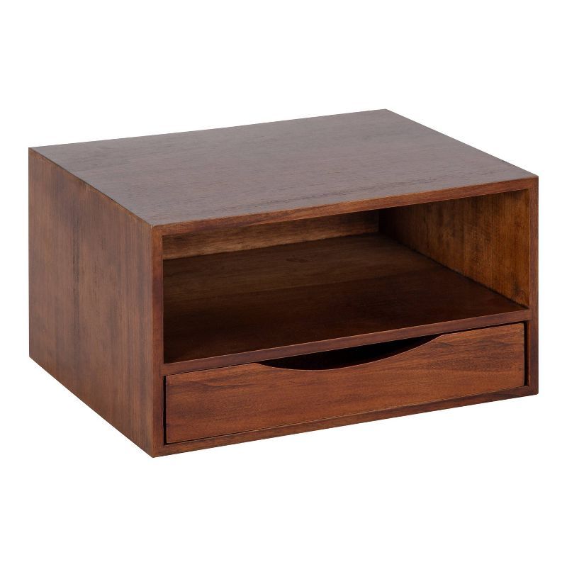 Walnut Brown Floating Wall Shelf with Drawer, 12.5" x 10" x 7"