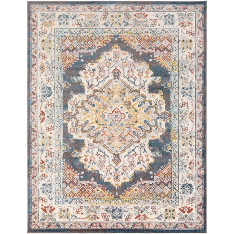 Blue and Multicolor Rectangular Synthetic Traditional Rug