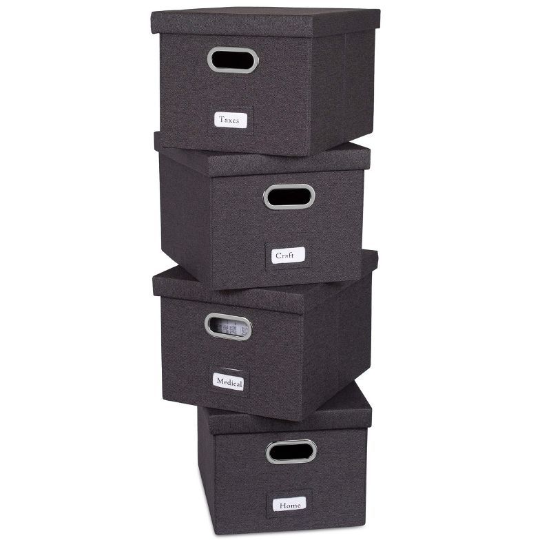 Gray Linen Collapsible Legal Size File Storage Organizer with Lid - 4 Pack