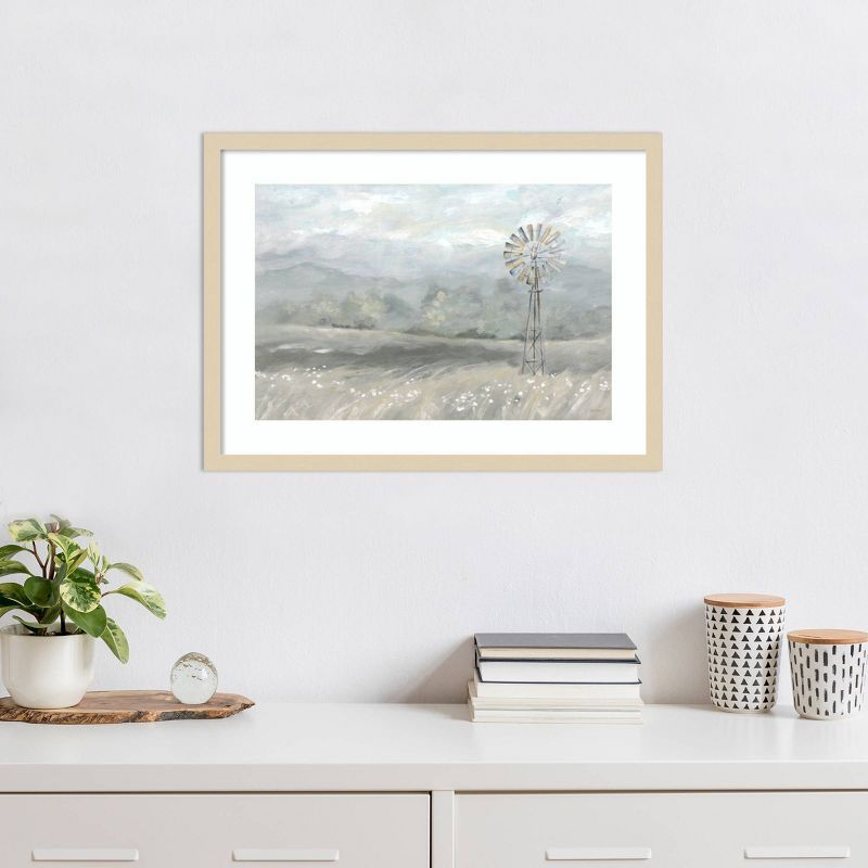 Country Meadow Windmill Framed Scenic Landscape Print in Natural Wood