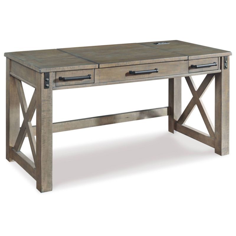 Rustic Farmhouse Gray Pine Corner Desk with Power Outlets and USB Ports