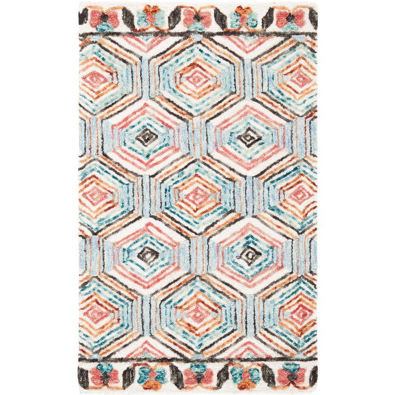Ivory and Light Blue Hand-Tufted Wool Rectangular Rug 2' x 3'