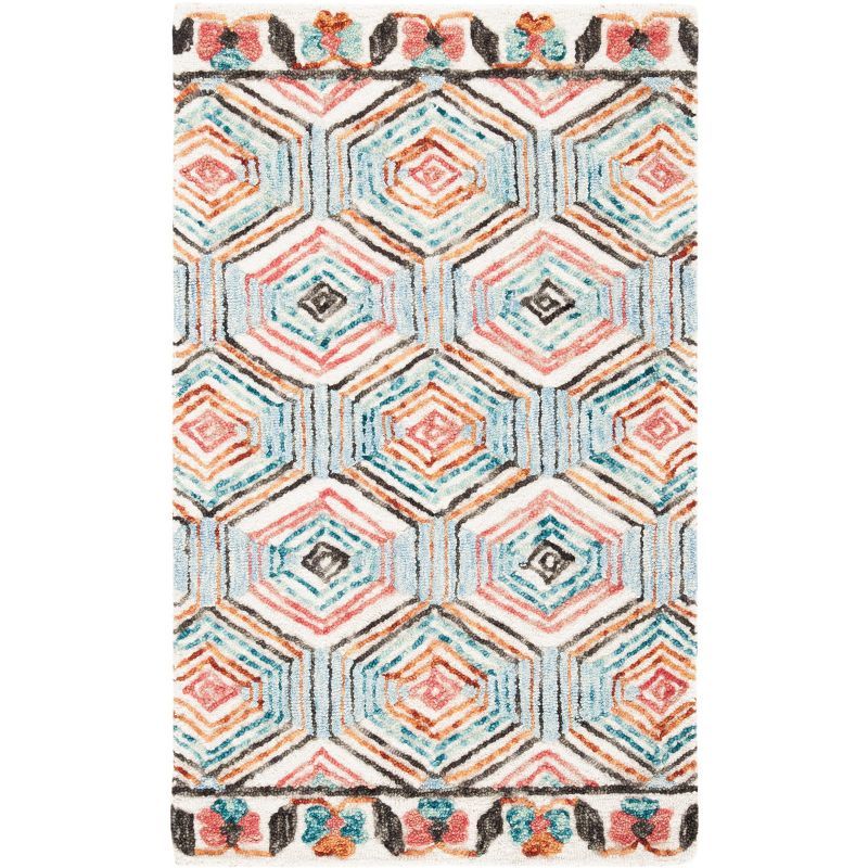 Ivory and Light Blue Hand-Tufted Wool Rectangular Rug 2' x 3'