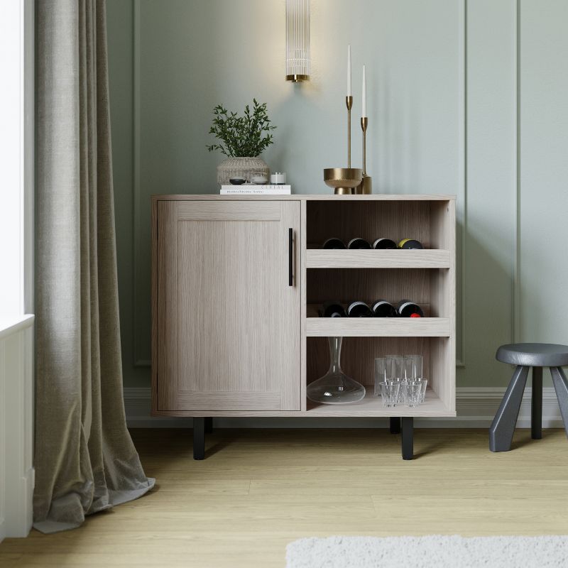 Gray Particleboard Bar Cabinet with Black Steel Legs