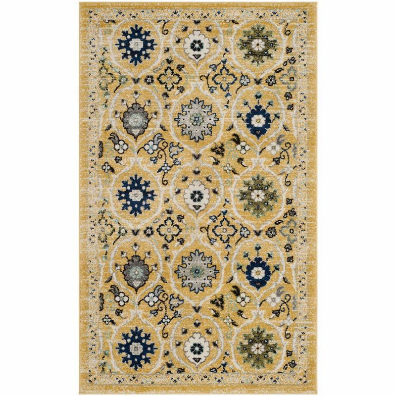 Gold and Ivory Floral Geometric 4' x 6' Area Rug