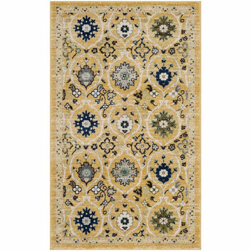 Gold and Ivory Floral Motif Low Pile Area Rug