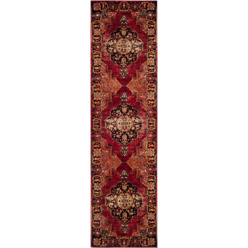 Vintage Red and Multicolor High Pile Synthetic Runner Rug