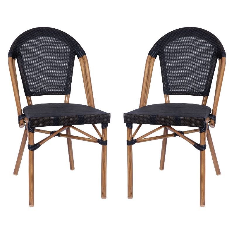 Black Textilene and Bamboo Print Aluminum Bistro Chairs, Set of 2