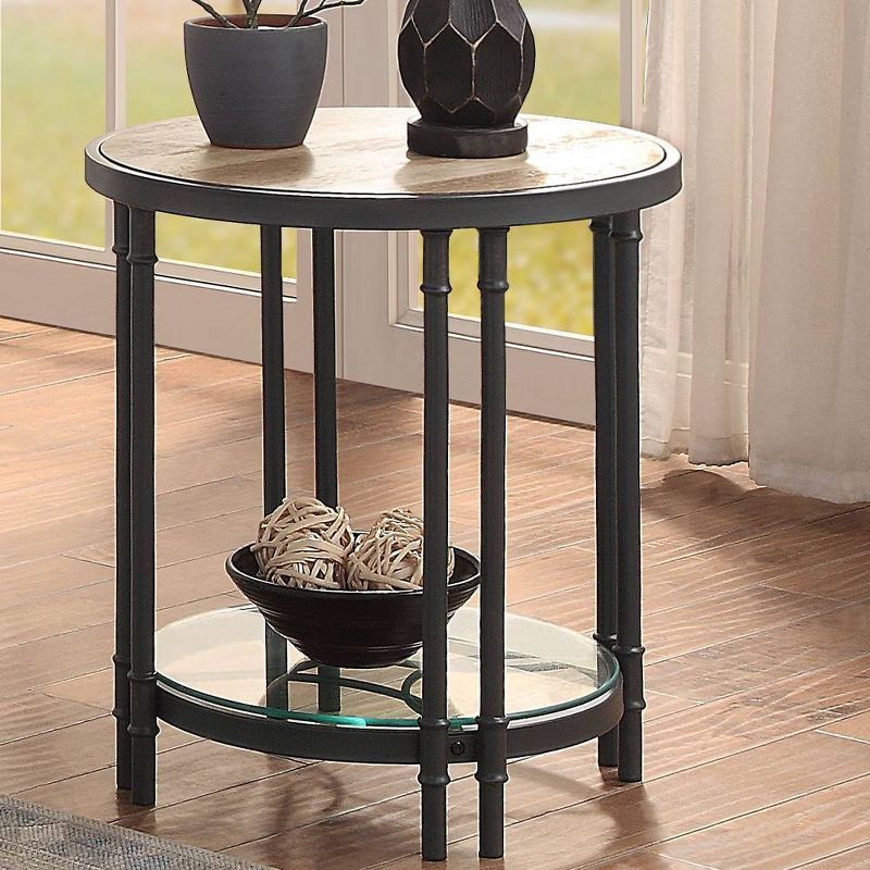 Modern Farmhouse Round Oak & Sandy Black End Table with Glass Shelf