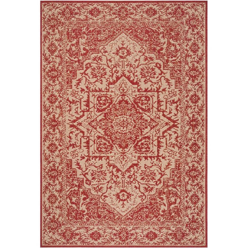 Red and Cream Synthetic Non-Slip Round Area Rug