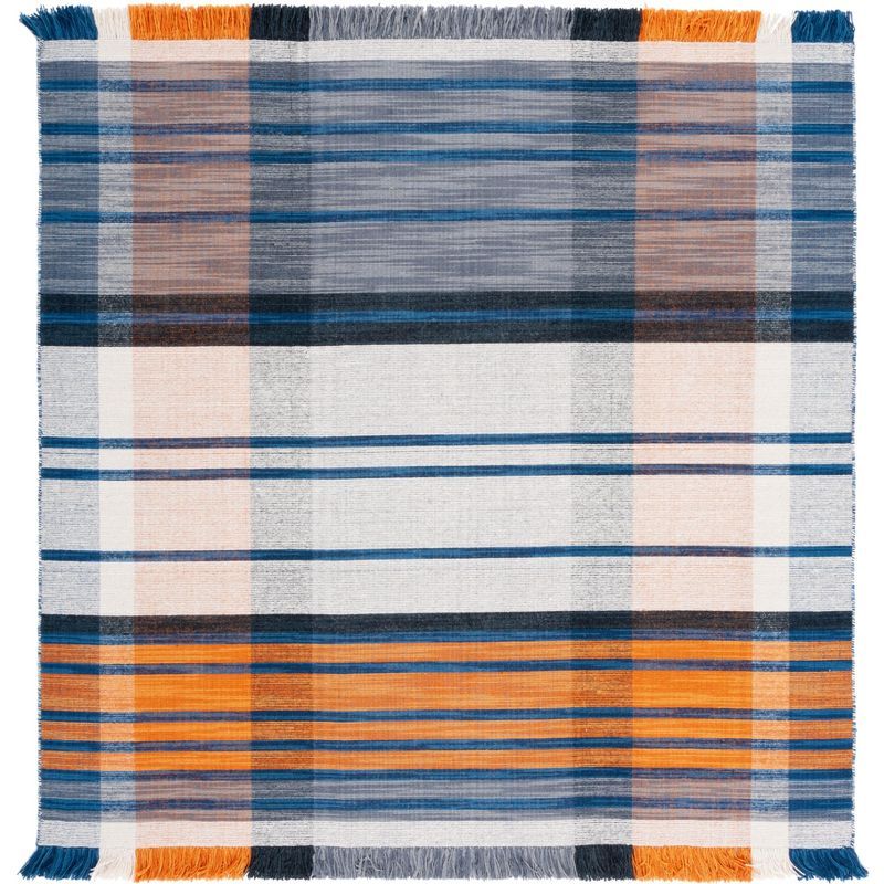 Blue and Orange Striped Wool Square Area Rug