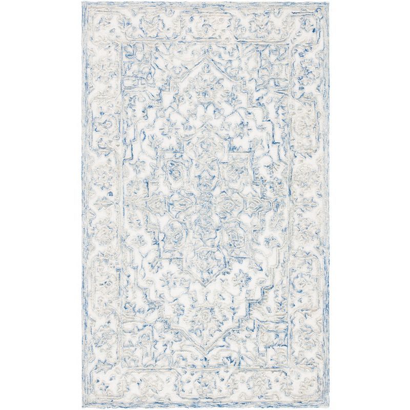 Elegant Hand-Tufted Wool Rectangular Rug in Ivory and Blue