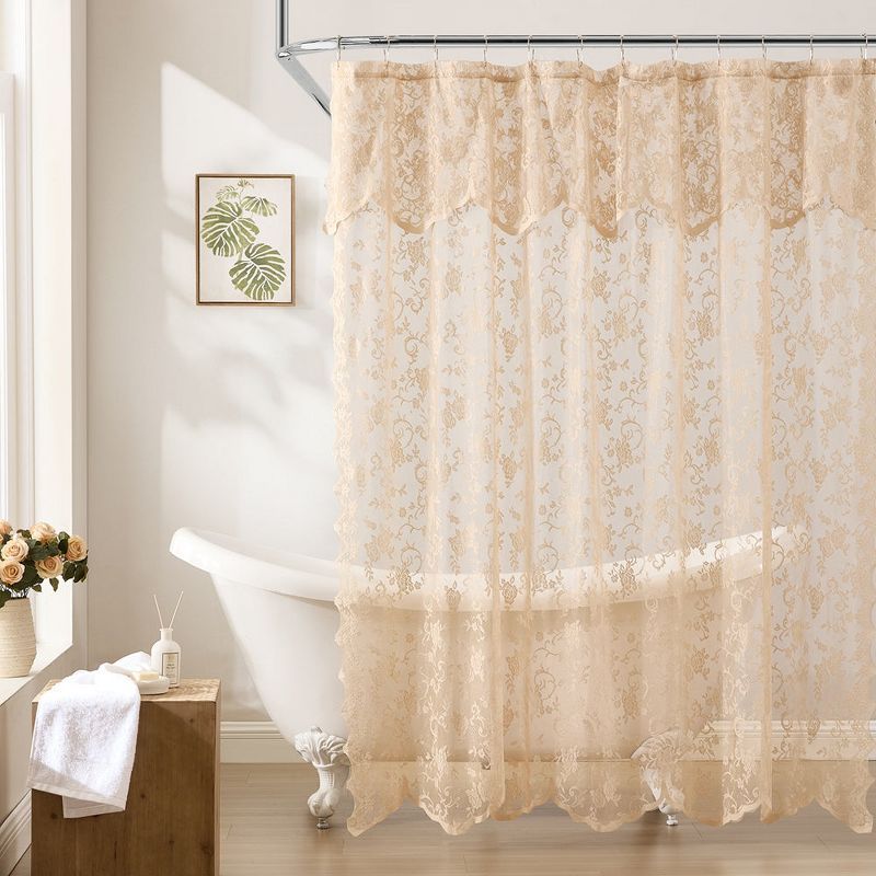 Elegant Linen Taupe Lace Shower Curtain with Floral Vine Design