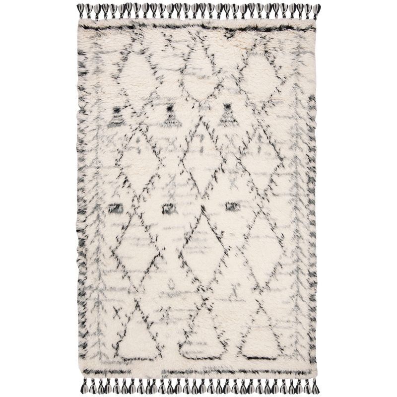 Hand-Knotted Black and Ivory Wool Area Rug with Fringe