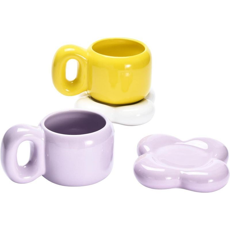 Chubby Cloud Ceramic Coffee Mug Set with Saucer - Yellow and Purple