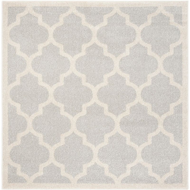 Reversible Light Grey & Beige Geometric 5' Square Synthetic Rug