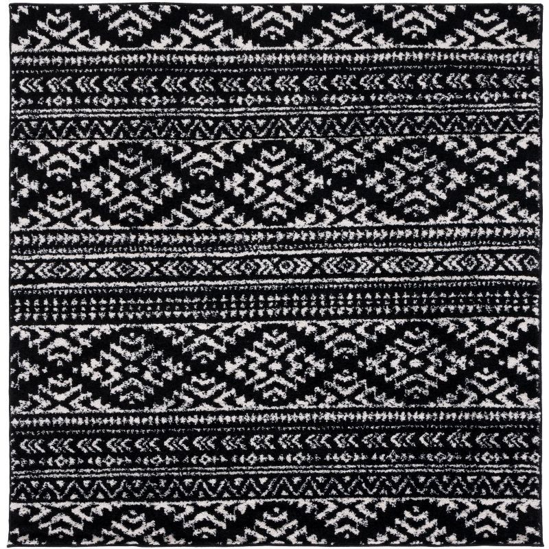 Ivory and Black Geometric Hand-Knotted 5' Square Synthetic Rug